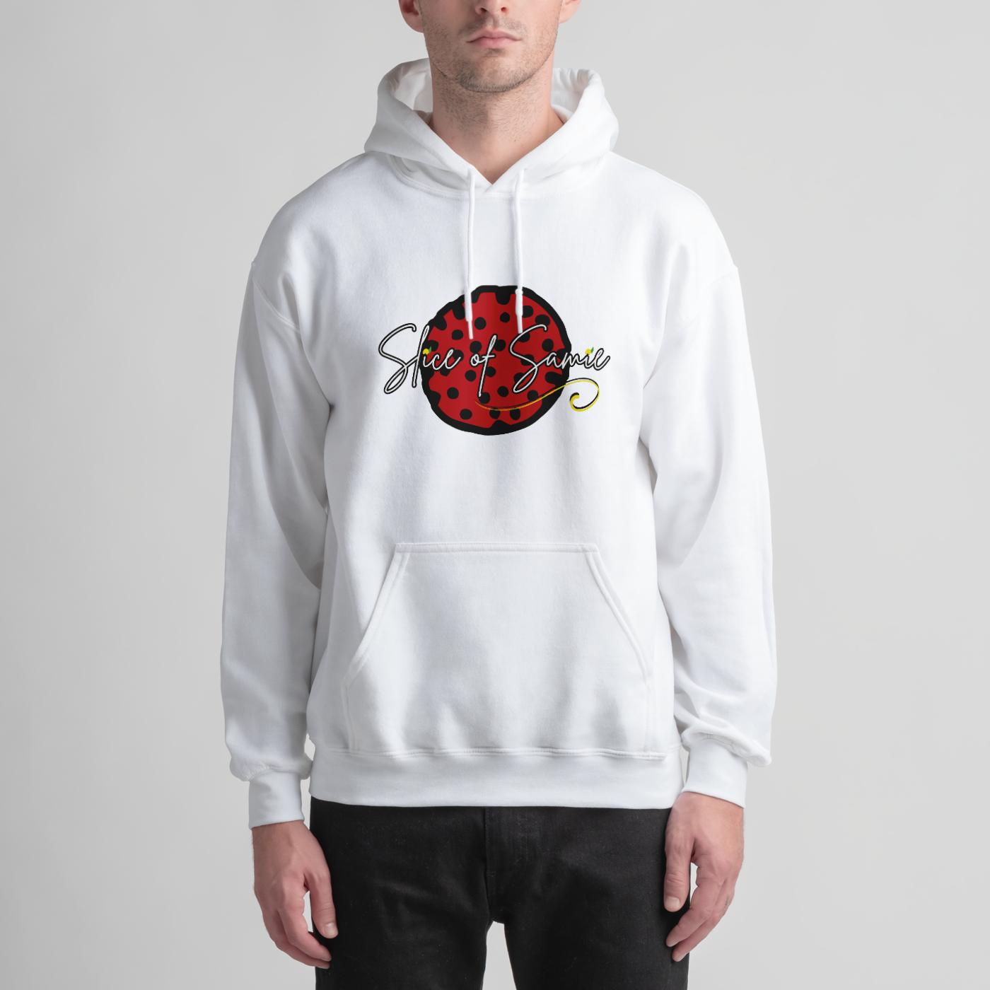 Front of our first hoodie in white featuring the first design she made, inspired by her favorite pizza order, a pepperoni pizza slice!