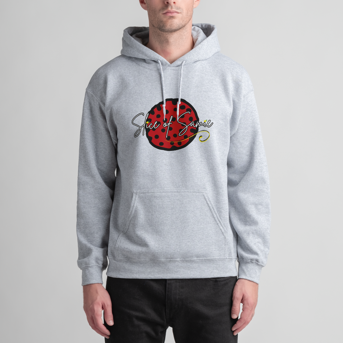 Front of our first hoodie in grey featuring the first design she made, inspired by her favorite pizza order, a pepperoni pizza slice!