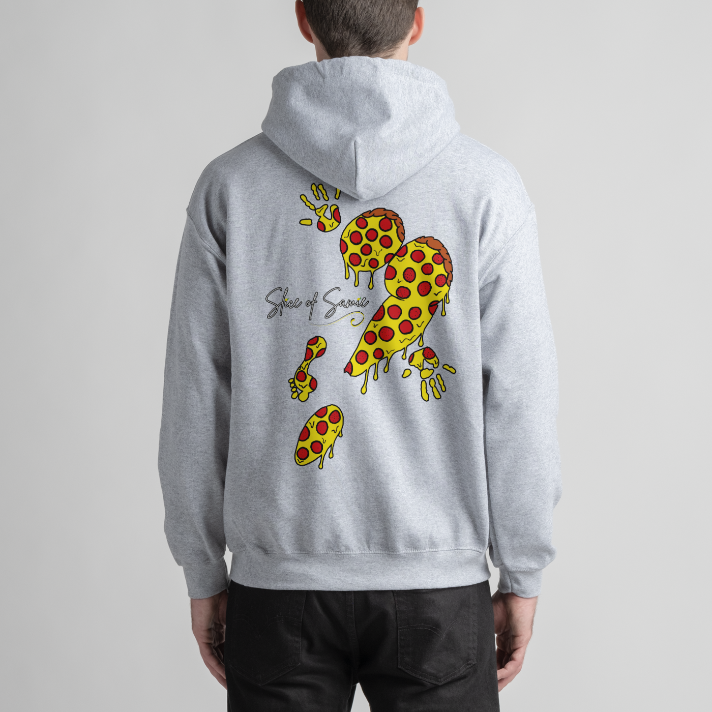 Back of the first hoodie from Taco Samie featuring the first design she made, inspired by her favorite pizza order, a pepperoni pizza slice!