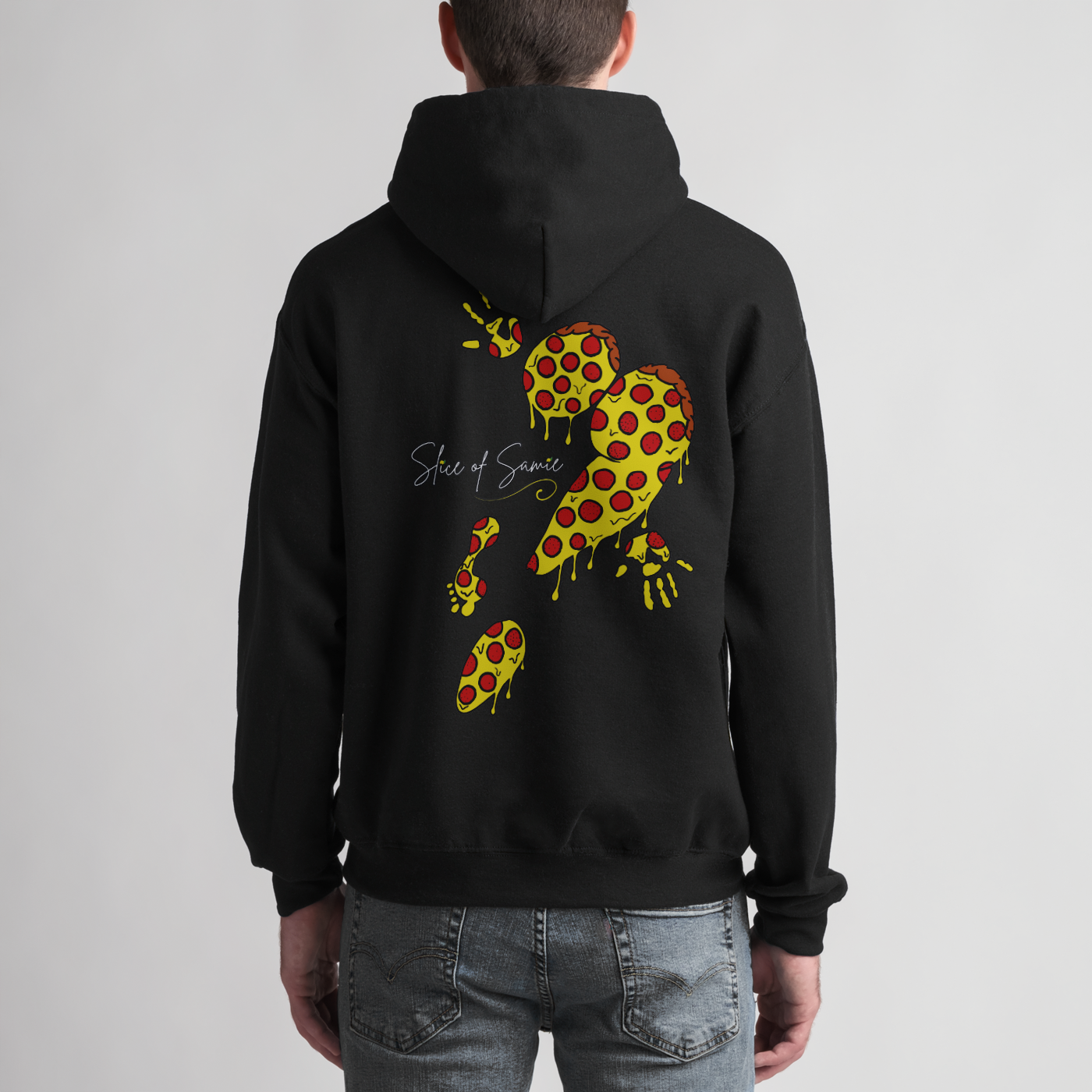 Back of the first hoodie from Taco Samie featuring the first design she made, inspired by her favorite pizza order, a pepperoni pizza slice!