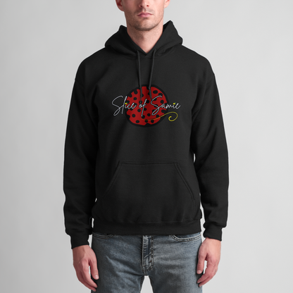 Front of our first hoodie in black featuring the first design she made, inspired by her favorite pizza order, a pepperoni pizza slice! 