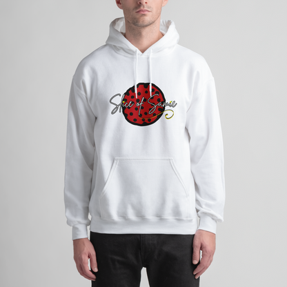 Front of our first hoodie in white featuring the first design she made, inspired by her favorite pizza order, a pepperoni pizza slice! 