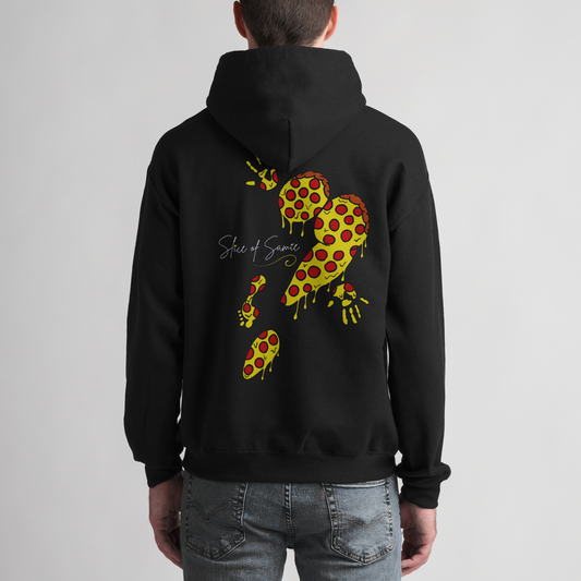 Back of the first hoodie from Taco Samie featuring the first design she made, inspired by her favorite pizza order, a pepperoni pizza slice! 